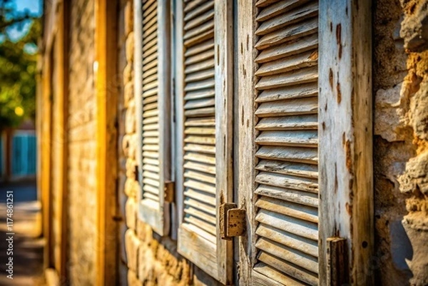 Fototapeta Antique White Shutters Closed, Deep Depth of Field, Architectural Detail