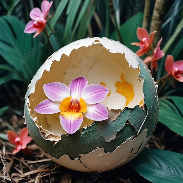 Fototapeta Closeup detailed shot of a cracked eggshell, with a lush tropical forest featuring tall palm trees and colorful orchids growing inside it