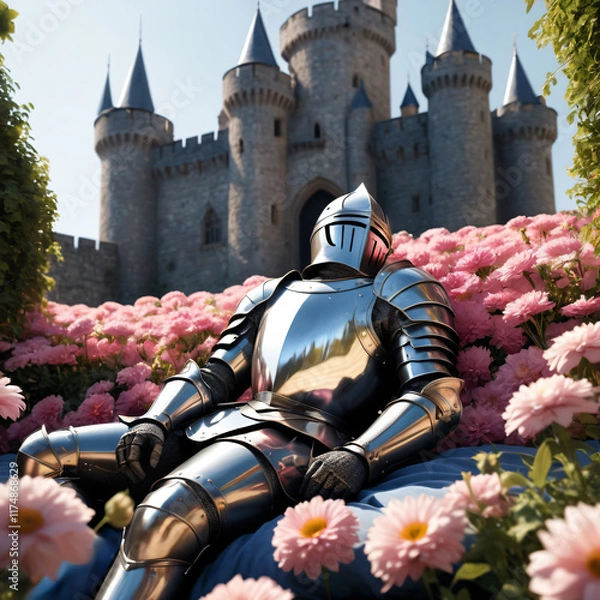 Obraz Knight sleeps on a flower bed, view of the castle behind, reflective armor, fairytale picture