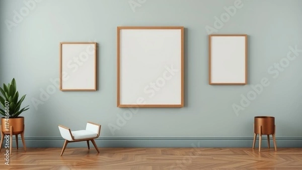 Fototapeta Modern minimalist interior design with empty frames and plants