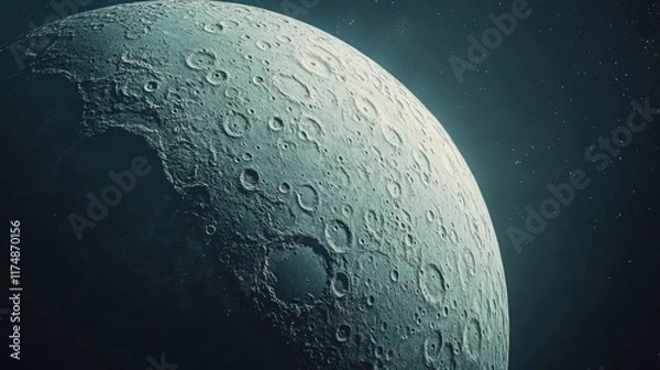 Fototapeta A stunning view of the moon's surface showcasing craters and textures in a dimly lit cosmic backdrop.