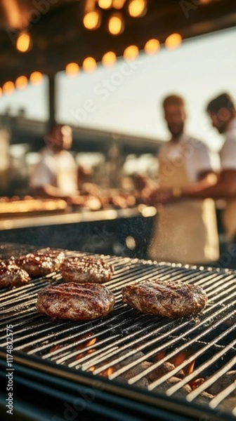 Obraz Grilled meat sizzling on a barbecue grill, with chefs in the background under warm lighting, setting an inviting evening atmosphere.