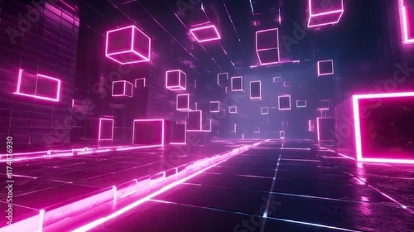 Fototapeta D abstract representation of digital connections, neon networks, and futuristic glowing shapes floating in space.