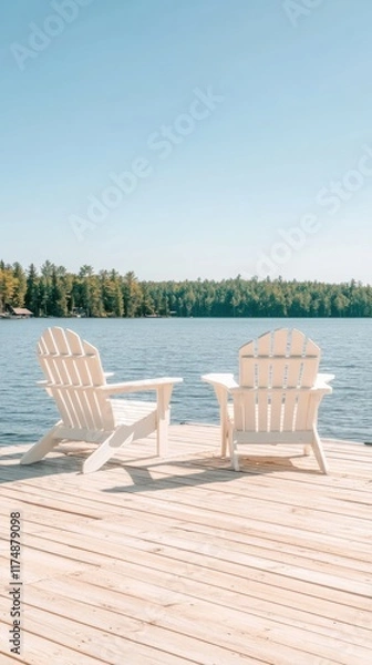 Fototapeta Two empty Adirondack chairs on a wooden deck overlook a tranquil lake at sunrise, surrounded by trees under a clear blue sky.