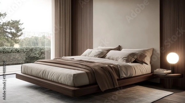 Fototapeta A modern bedroom with a platform bed, soft linens, and a minimalist nightstand.