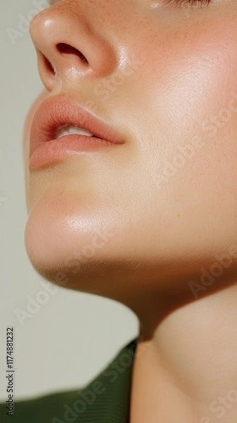 Fototapeta Close-up of a woman's smooth, radiant skin and soft lips, exuding elegance and tranquility with a warm, natural glow.
