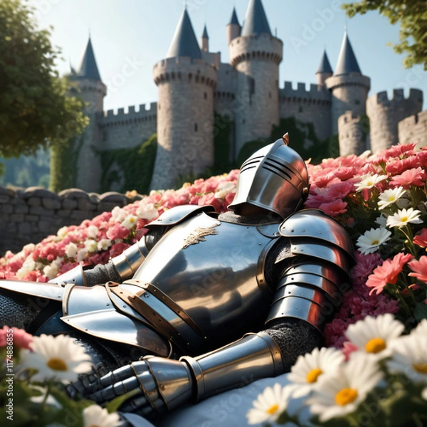 Obraz Knight sleeps on a flower bed, view of the castle behind, reflective armor, fairytale picture