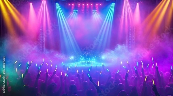 Fototapeta A vibrant concert scene with colorful lights and an engaged audience waving glow sticks.
