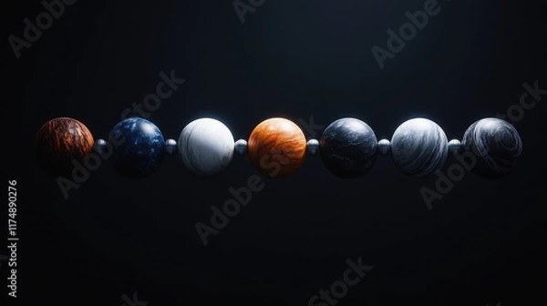 Fototapeta A striking arrangement of eight colorful planet spheres showcasing unique textures and hues against a dark background.