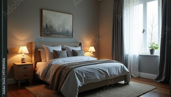 Fototapeta A cozy gray studio room with soft ambient lighting creates a calm, inviting atmosphere.