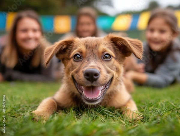 Obraz Smiling family spending quality time with an adopted dog in a colorful outdoor setting.