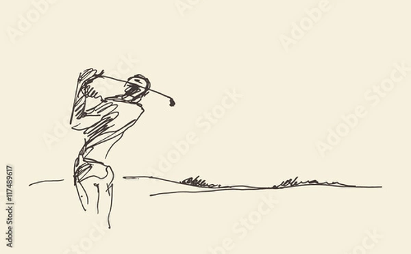 Obraz Szkic człowieka uderzającego piłkę golfową ilustracji wektorowych.