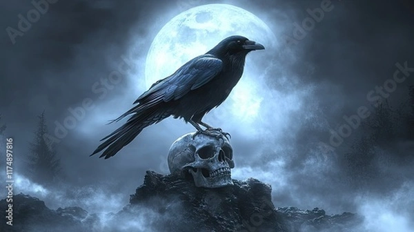 Fototapeta A raven perched on a skull under a full moon, creating a dark, mystical atmosphere.