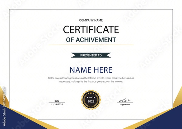 Fototapeta Modern certificate of achievement template. Business, Award, Training achievement certificate or diploma design