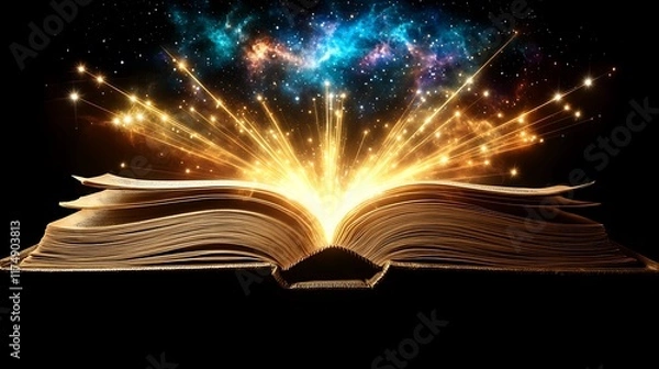 Fototapeta Open book, cosmic glow, dark background, fantasy, learning.