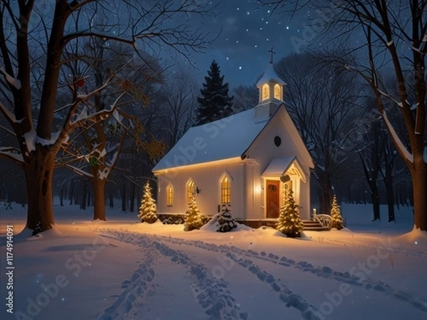 Obraz Winter Night Chapel: Snow, Trees, Festive Lights