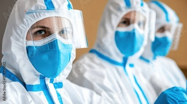 Fototapeta Researchers in protective gear meticulously examining medical samples, emphasizing the importance of precision and safety in scientific research.