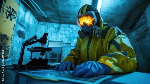 Fototapeta Scientist in protective gear operating advanced radiation equipment, showcasing dedication to scientific research and safety protocols.