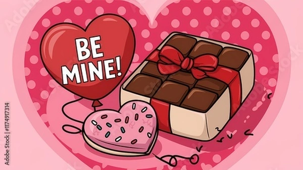 Fototapeta A cute cartoon-style illustration of a Valentine's Day scene. There's a heart-shaped balloon with the text "Be mine!". There's a box of chocolate with a red ribbon. There's a heart-shaped cookie