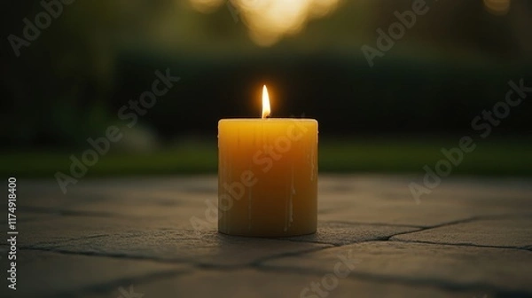 Obraz A lit candle sits on a stone surface with blurred greenery in the background. Ideal for relaxation, meditation, or remembrance websites and apps.