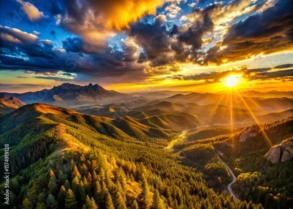 Fototapeta Majestic Mountain Range Panorama: Drone Aerial View of Distant Peaks and Valleys