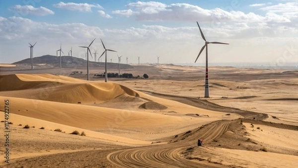 Obraz A panoramic view of a vast desert with wind turbines generating 