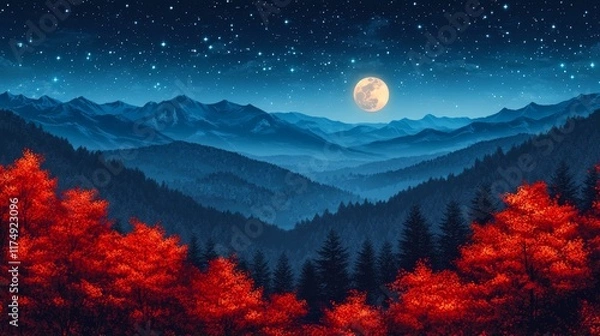 Fototapeta Full Moon Illuminates Red-Leafed Trees and Misty Mountain Ranges at Night