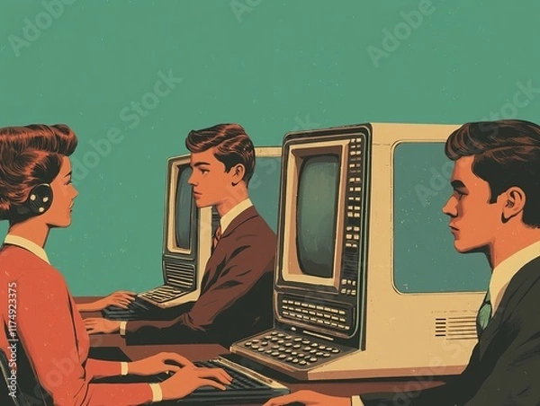 Fototapeta Vintage illustration of three individuals at computers, embodying retro technology and teamwork in a colorful, stylized setting.