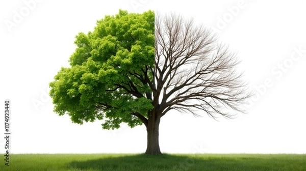 Obraz Split Tree Representing Seasonal Changes in Nature's Cycle