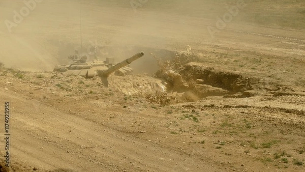 Fototapeta heavy tank crosses a ditch with mud and water