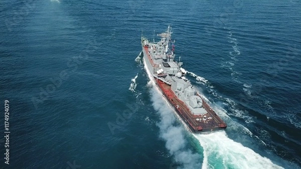 Fototapeta drone view - destroyer at sea