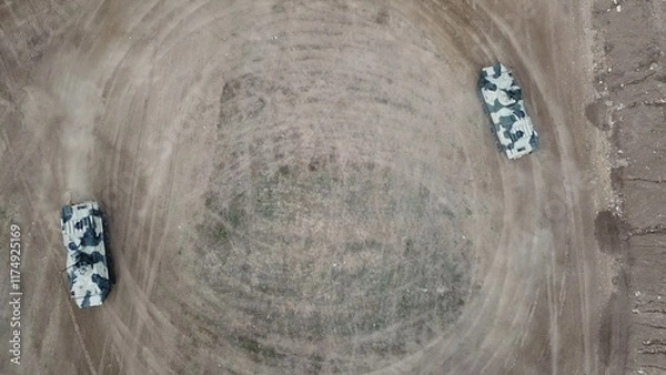 Fototapeta drone view - armored personnel carriers track aerial target