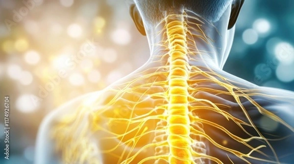 Fototapeta Close-up of neck area revealing intricate nerve structure, symbolizing the delicate balance and interconnectedness of human physiology.