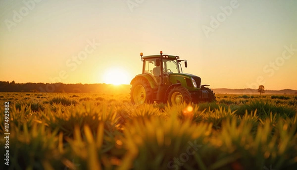 Fototapeta A tractor is actively plowing through a lush green field as the sun sets, casting a golden hue across the landscape. This serene moment captures the essence of farming
