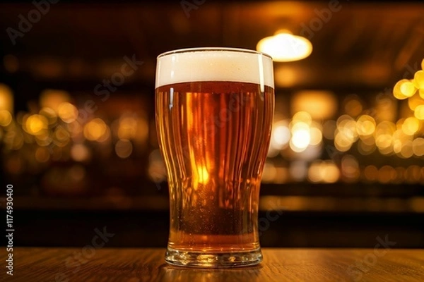 Fototapeta A pint of amber beer on a bar with a blurred background of a pub.