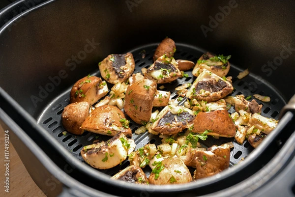 Fototapeta Mushrooms with herbs, spices and a little oil are baked in a hot air fryer, healthy method of cooking vegetables, selected focus