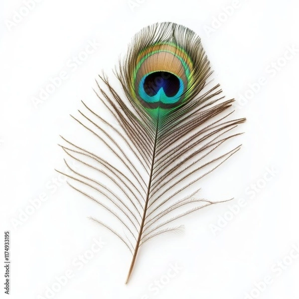 Fototapeta A single peacock feather on a white background
