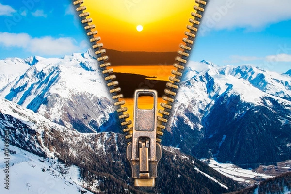 Fototapeta Time for change! - Abstract image of the change concept with summer sunset and winter dawn 

landscapes split by an open zip.