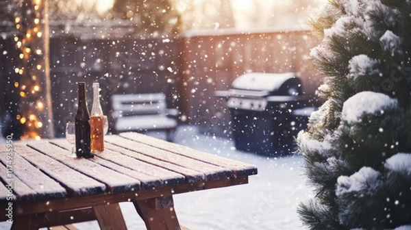 Obraz cozy winter backyard scene featuring wooden table with bottles, surrounded by falling snowflakes. grill is visible in background, creating warm atmosphere for gatherings