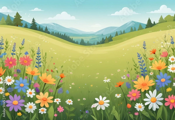 Obraz Children's illustration with a meadow of blooming flowers. Spring meadow with wildflowers. Summer natural landscape Conceptual design of a children's room.