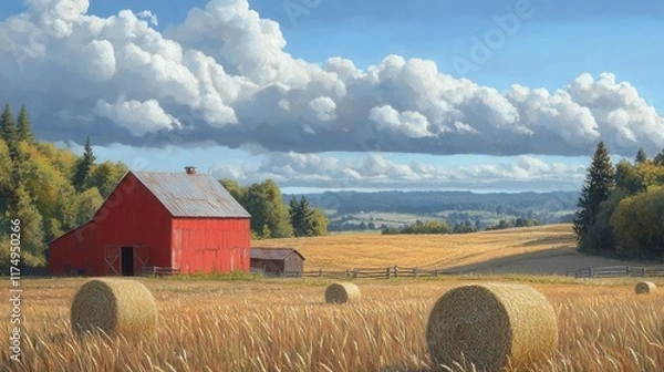 Fototapeta A serene farm scene with a red barn hay bales and golden fields under a cloudy sky. Ideal for nature lovers and rustic settings.