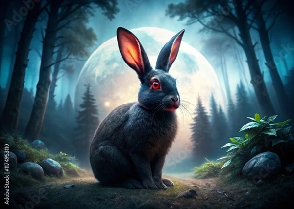 Fototapeta Mysterious Black Rabbit in Surreal Forest - Conceptual Photography