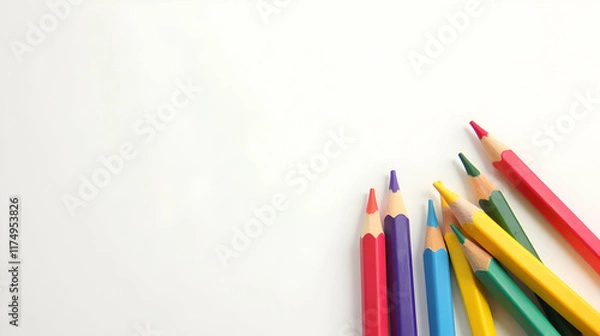 Fototapeta Vibrant colored pencils arranged on a crisp white background, ready to unleash creativity and artistic expression.  A burst of color!