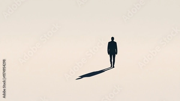 Fototapeta Solitary figure standing in a pale landscape, casting a long shadow.