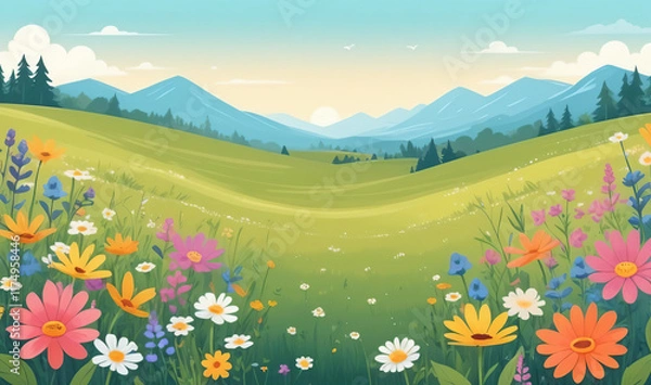 Obraz Children's illustration with a meadow of blooming flowers. Spring meadow with wildflowers. Summer natural landscape Conceptual design of a children's room.