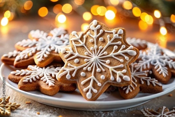 Fototapeta Festive Snowflake Gingerbread Cookies with Icing and Glitter - Christmas Baking Stock Photo