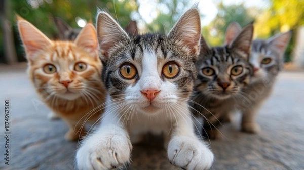 Fototapeta Four adorable kittens looking directly at the camera.