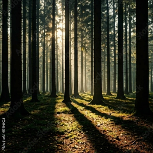 Fototapeta A tranquil forest scene with soft light filtering through the trees, dappled sunlight on the forest floor, and subtle shadows.