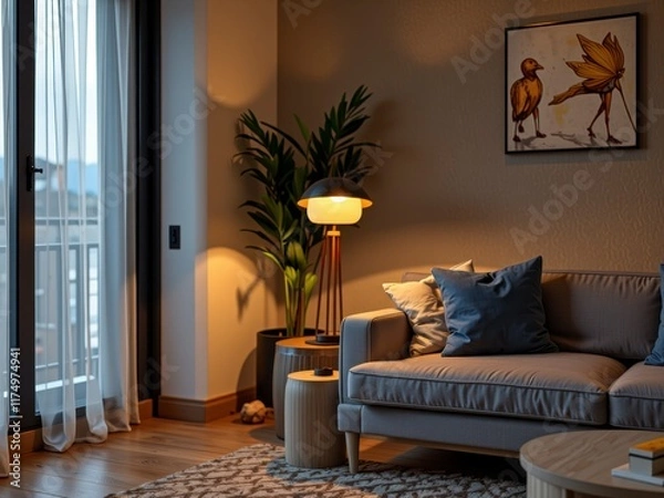 Fototapeta Cozy Living Room Interior Design with Lamp Sofa and Artwork at Dusk