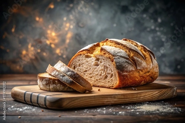 Obraz Freshly Baked Bread Sliced on Rustic Cutting Board, Gray Kitchen Background